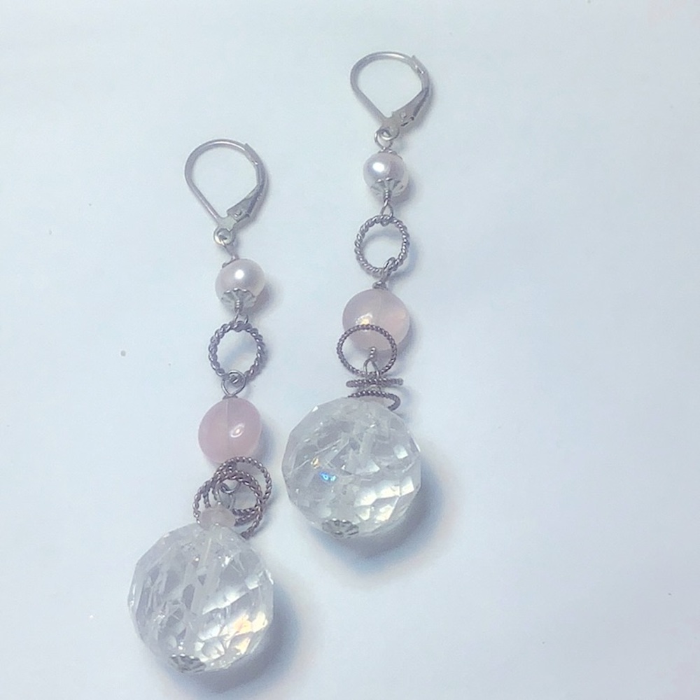 Rose quartz/clear qtz, pink pearls sterling earrings.LINDA WENG DESIGNS